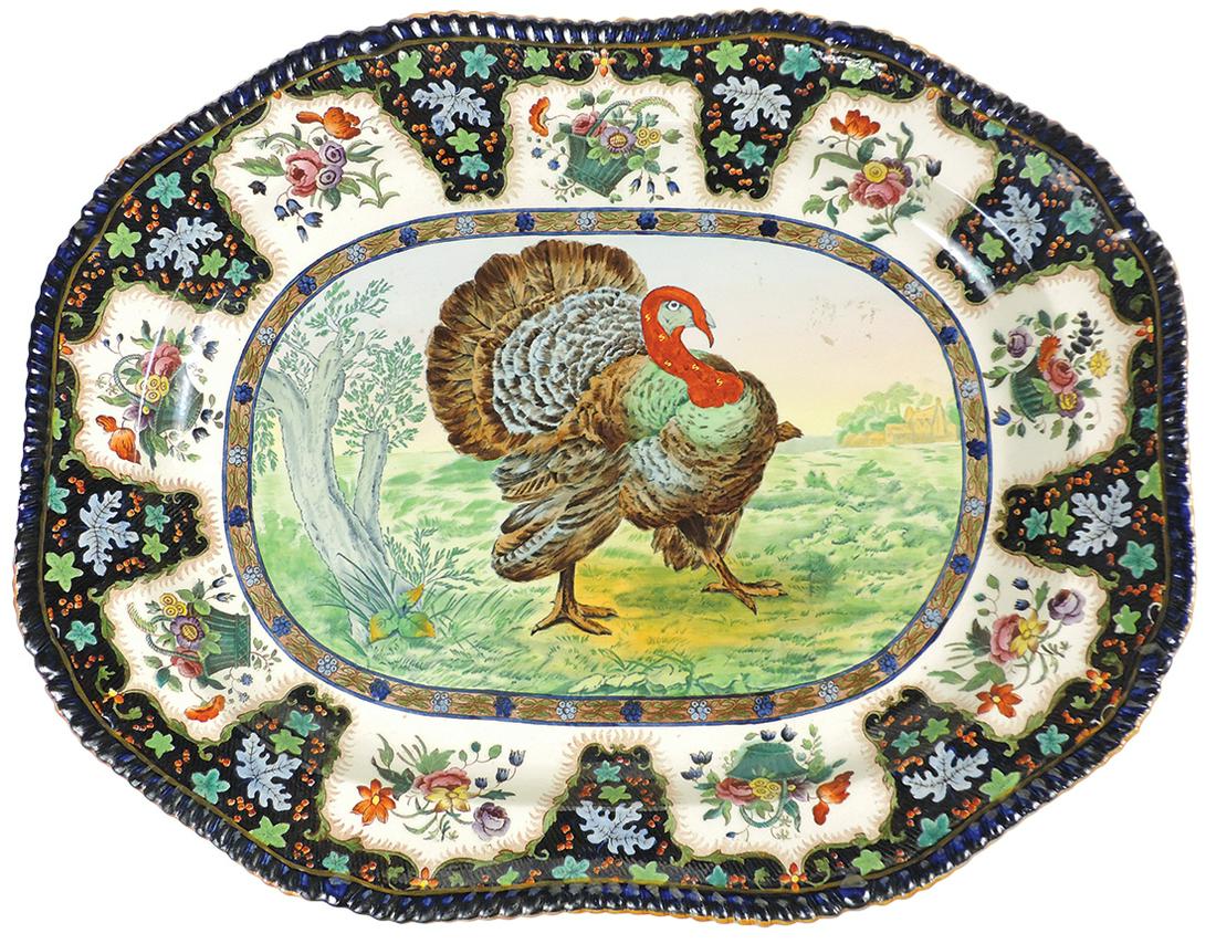 Porcelain Turkey Platter, Copeland Spode England w/flow blue rim & hand-painted decoration, Exc: Porcelain Turkey Platter, Copeland Spode England w/flow blue rim & hand-painted decoration, Exc cond, 18.5"H x 23"W.
