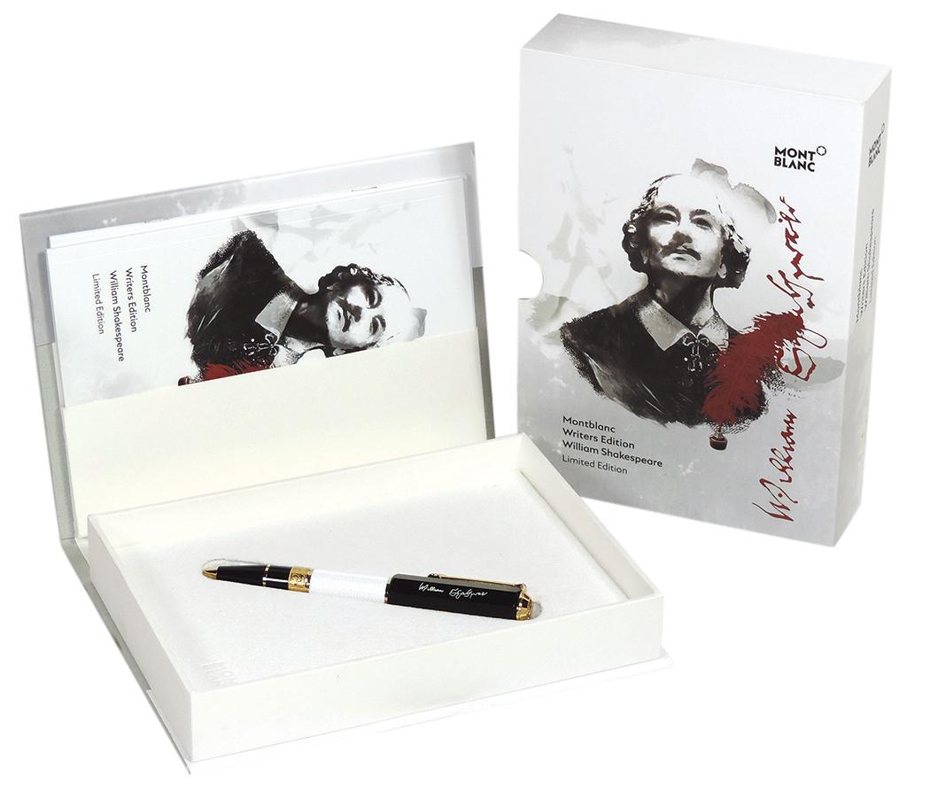 Ballpoint Pen, Montblanc Writers Edition William Shakespeare Limited Edition, composed of white high: Ballpoint Pen, Montblanc Writers Edition William Shakespeare Limited Edition, composed of white high grade resin w/guilloche pattern, cap of high grade resin w/octagonal shape & signature, gold-coated