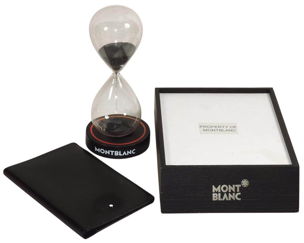 Fountain Pen Accessories (3), Montblanc Counter Display, Hourglass & Wallet, wood-grained dealer: Fountain Pen Accessories (3), Montblanc Counter Display, Hourglass & Wallet, wood-grained dealer counter display, glass hourglass w/Montblanc base (a dealer gift for large $ purchase) & a black leathe