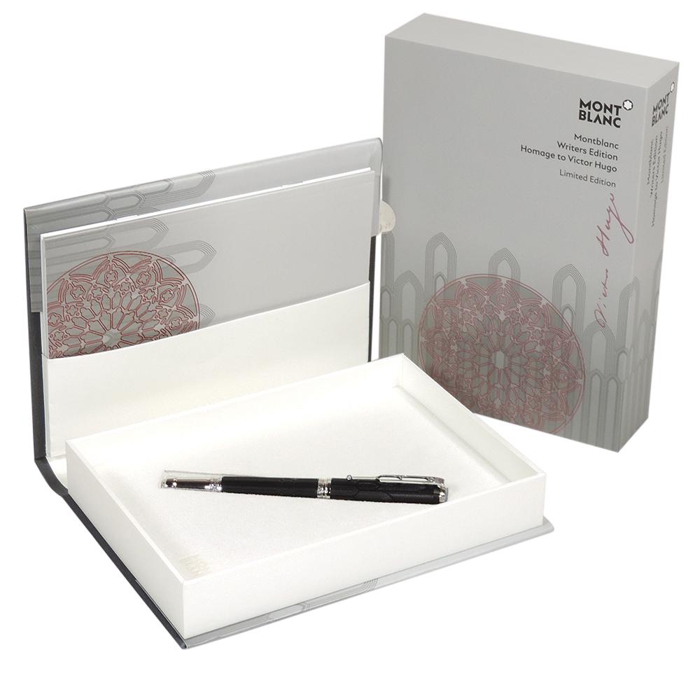 Rollerball Pen, Montblanc Writers Edition Homage to Victor Hugo Limited Edition, dedicated to a: Rollerball Pen, Montblanc Writers Edition Homage to Victor Hugo Limited Edition, dedicated to a literary genius, black precious resin w/platinum-coated fittings, cap has gothic arches in relief while 