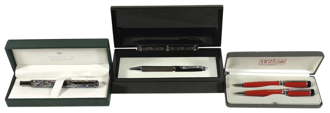 Rollerball Pens & Pencil, Monte Verde Regatta Ltd Ed in Abalone, NOS in presentation box w/cards &: Rollerball Pens & Pencil, Monte Verde Regatta Ltd Ed in Abalone, NOS in presentation box w/cards & Swiss Army Rollerball & Mechanical Pencil Set, Swiss Made by Equipped in Red, NOS w/paper in orig cas