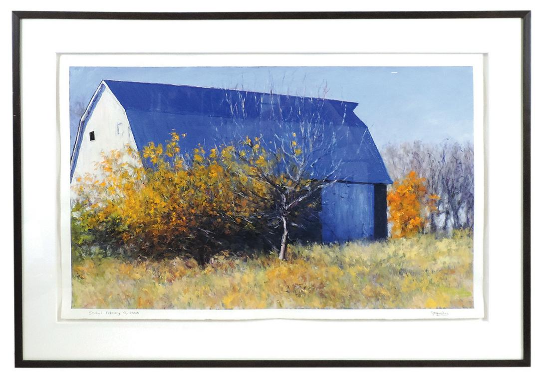 Painting, Gary Bowling (Am. b. 1948), "Study (blue barn) February 15, 2008", oil on paper, signed &: Painting, Gary Bowling (Am. b. 1948), "Study (blue barn) February 15, 2008", oil on paper, signed & dtd bottom margin, raised shadow mat & framed, Exc cond, 35"H x 49"W.