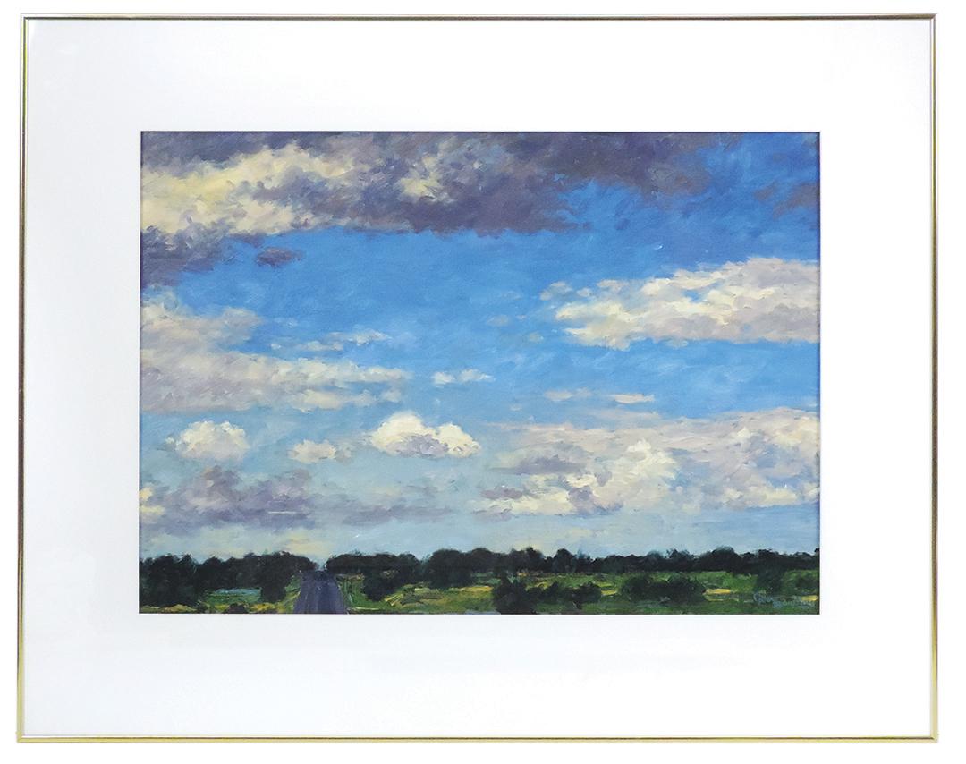 Painting, Gary Bowling (b. 1948), "Clouded Plains", oil on paper, signed lower right, verso: Painting, Gary Bowling (b. 1948), "Clouded Plains", oil on paper, signed lower right, verso inscribed July 10th, 1999, framed & matted, Exc cond, 30"H x 37"W overall.