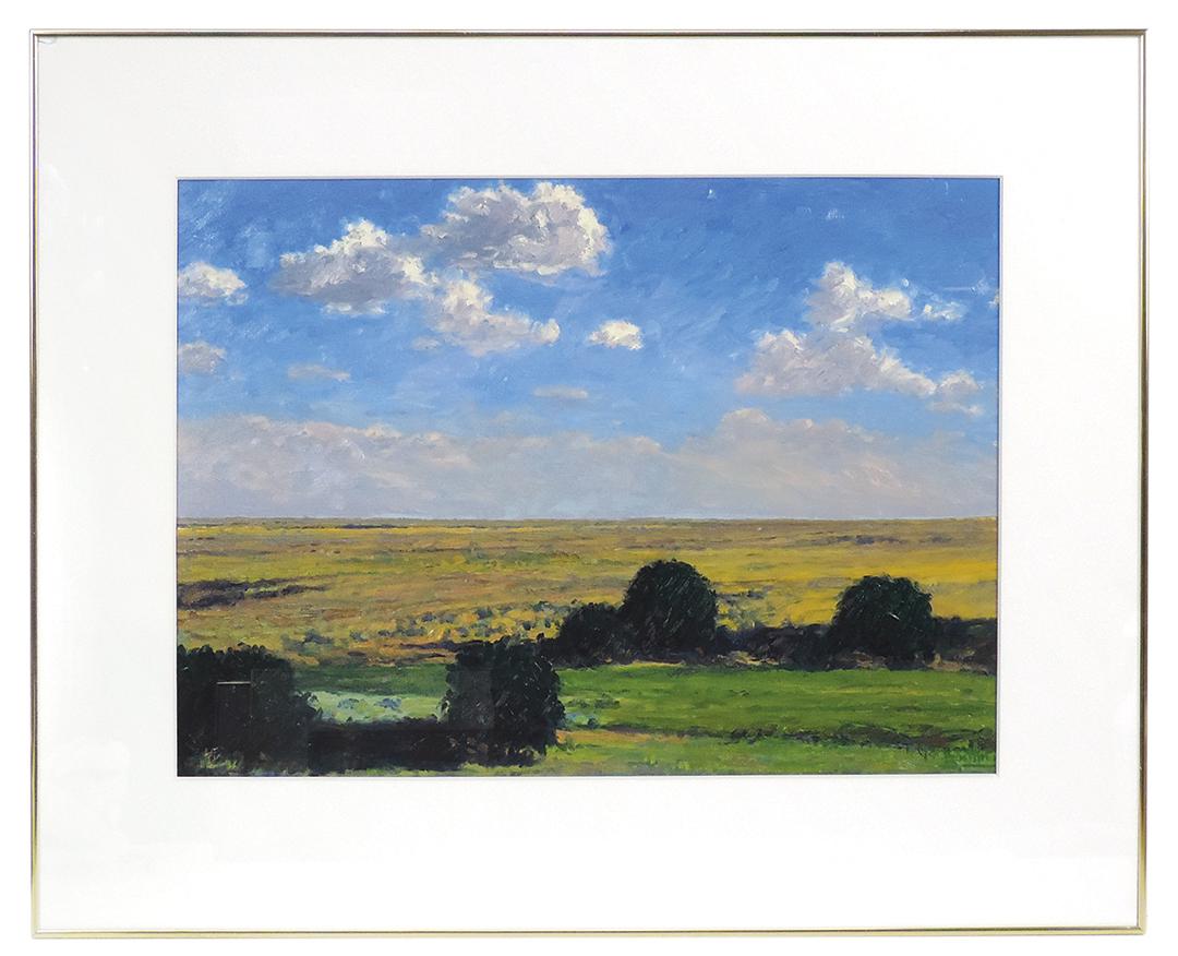 Painting, Gary Bowling (b. 1948), "Wheat Field Under Blue Skies With Clouds", oil on paper, signed: Painting, Gary Bowling (b. 1948), "Wheat Field Under Blue Skies With Clouds", oil on paper, signed lower right, verso inscribed Oct. 8th, 1998, framed & matted, Exc cond, 30"H x 37"W overall.