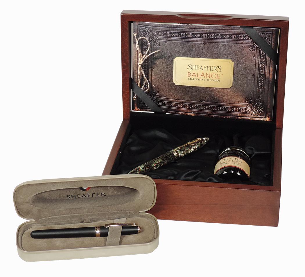 Fountain Pens, Sheaffer's Balance Limited Edition, White Dot in Black/Green/Red & Pearl marble,: Fountain Pens, Sheaffer's Balance Limited Edition, White Dot in Black/Green/Red & Pearl marble, 1676/6000 & Sheaffer Prelude Fountain Pen, White Dot in Matte Black & 22K Gold Plate, both NOS in cases,