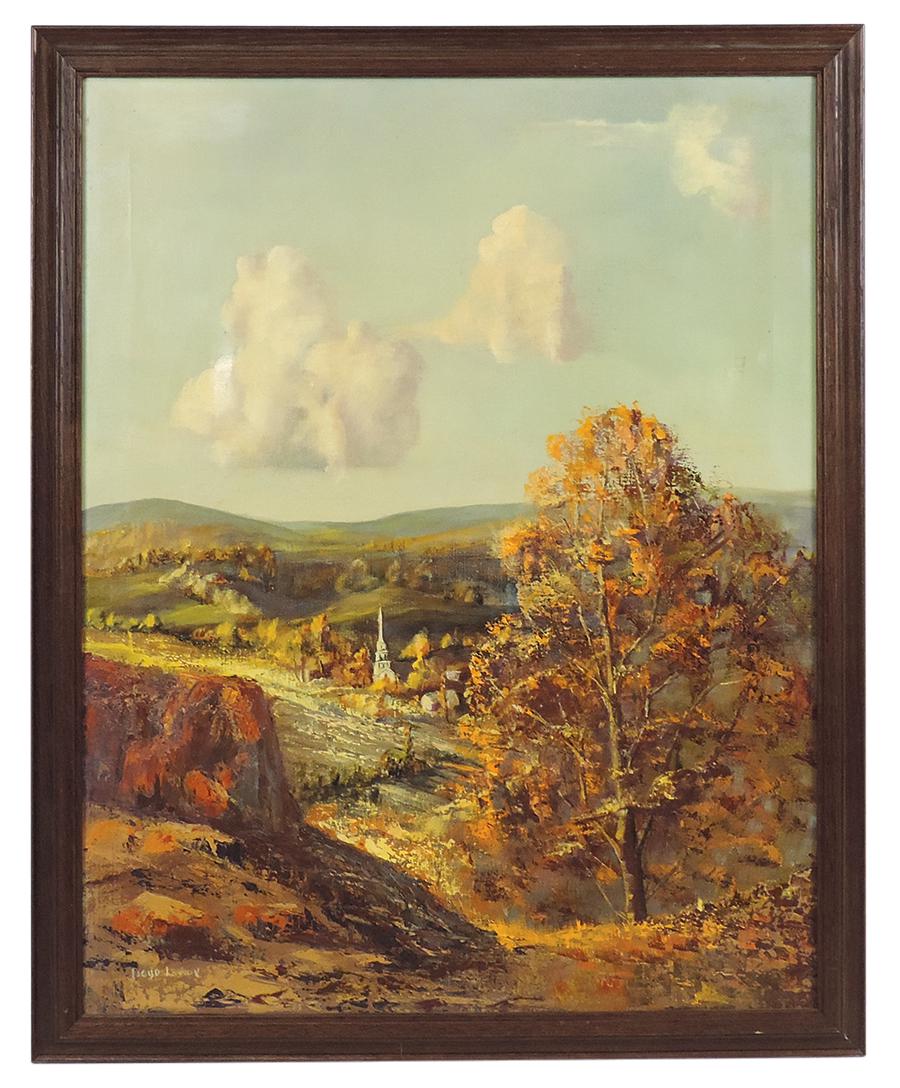 Painting, Lloyd Larson (Am. 20th C.) New England Valley Church, oil on canvas in walnut frame,: Painting, Lloyd Larson (Am. 20th C.) New England Valley Church, oil on canvas in walnut frame, signed lower left, VG+ cond w/light stretcher marks, 33"H x 27"W.
