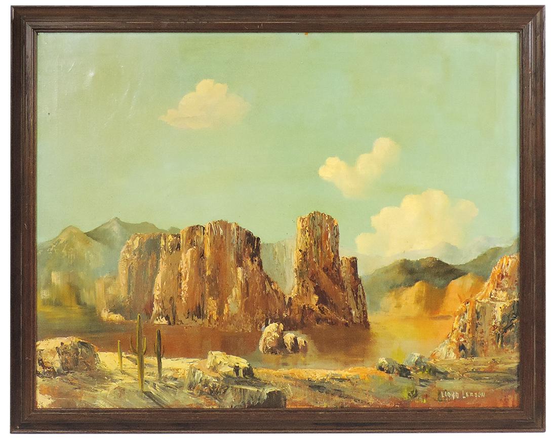 Painting, Lloyd Larson (Montana State Prisoner) "Southwest River and Buttes" oil on board, signed: Painting, Lloyd Larson (Montana State Prisoner) "Southwest River and Buttes" oil on board, signed lower right, in oak frame, Exc cond, 27"H x 33"W.
