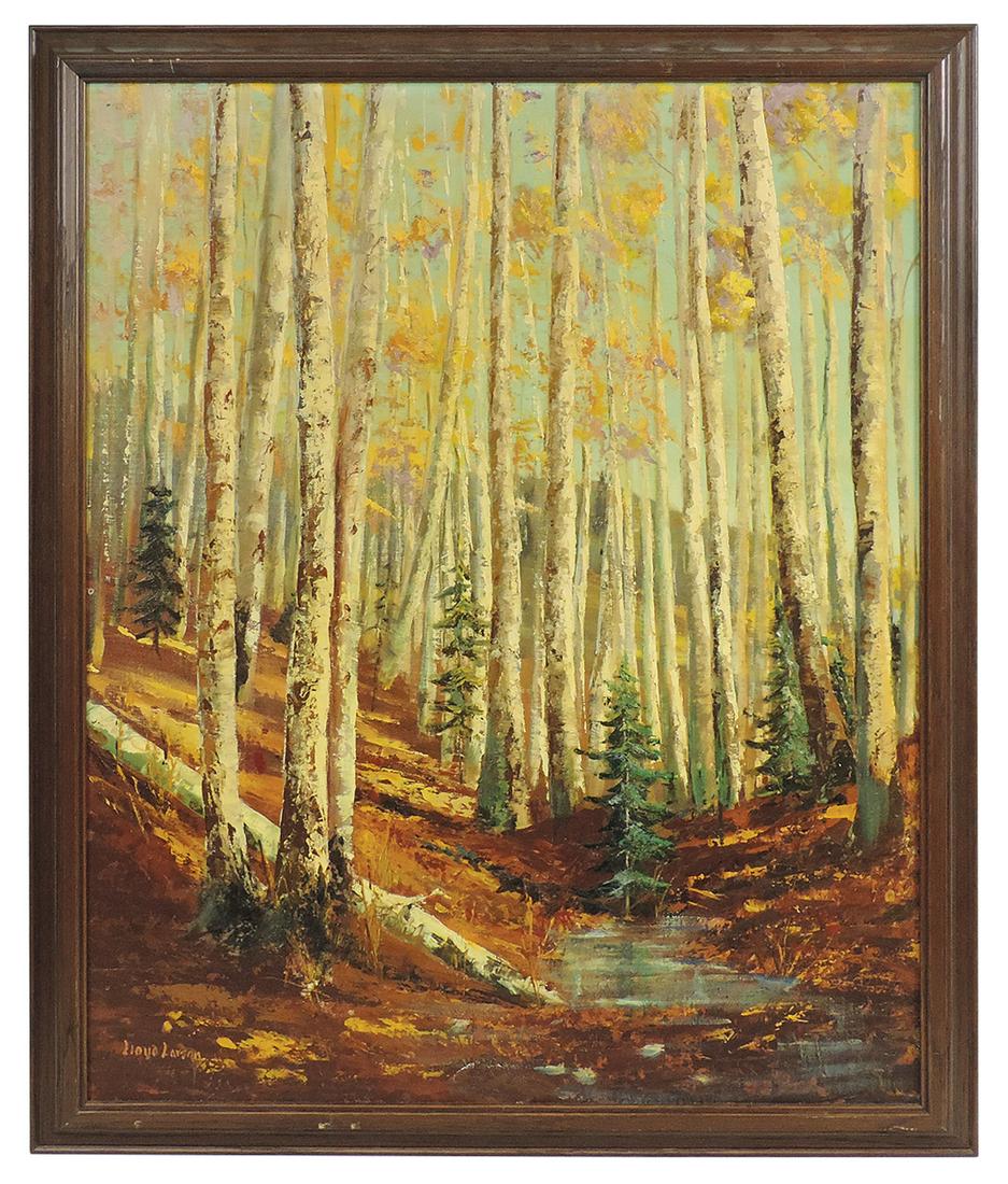 Painting, Lloyd Larson (Montana State Prisoner) "Stand Of Birch Trees" oil on board, signed lower: Painting, Lloyd Larson (Montana State Prisoner) "Stand Of Birch Trees" oil on board, signed lower left, in oak frame, Exc cond, 33"H x 27"W.