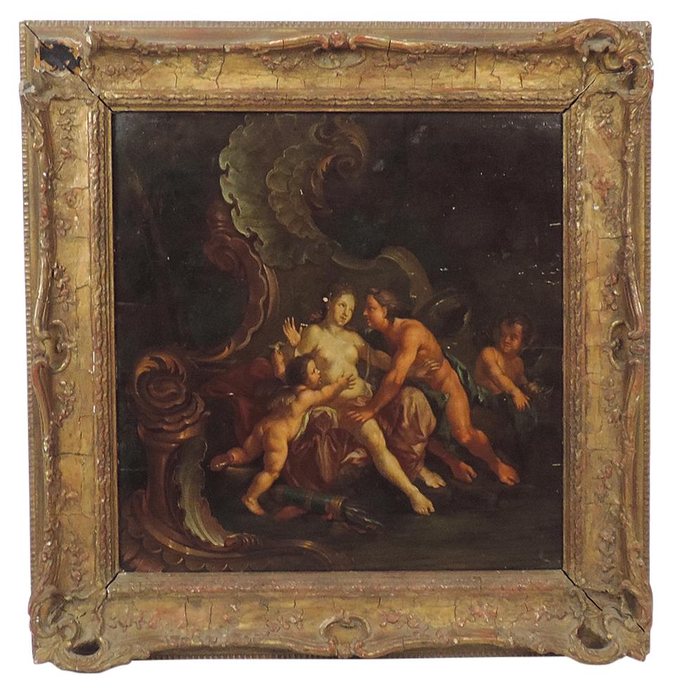 Painting, Venus & Adonis With Cupid, Continental School 17th/18th C. oil on cradle board panel in: Painting, Venus & Adonis With Cupid, Continental School 17th/18th C. oil on cradle board panel in gesso frame, VG cond w/some early restorations, evidence of worming on verso & frame losses, 23"Sq ove