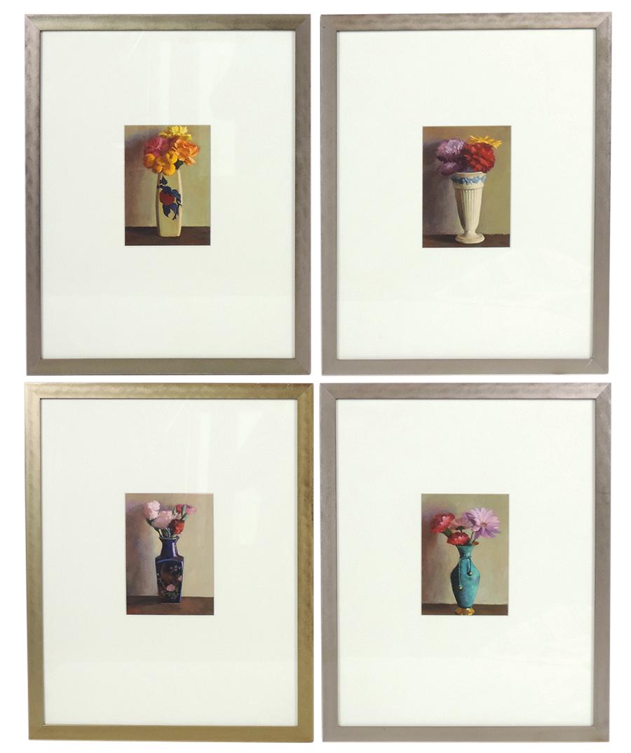 Paintings (4), David Gordinier (Am. b.1950) oil on paper still lifes, each depicting flowers in: Paintings (4), David Gordinier (Am. b.1950) oil on paper still lifes, each depicting flowers in decorated vases, Exc cond, framed & matted, image 57"H x 5"W, 20"H x 16.5"W overall.