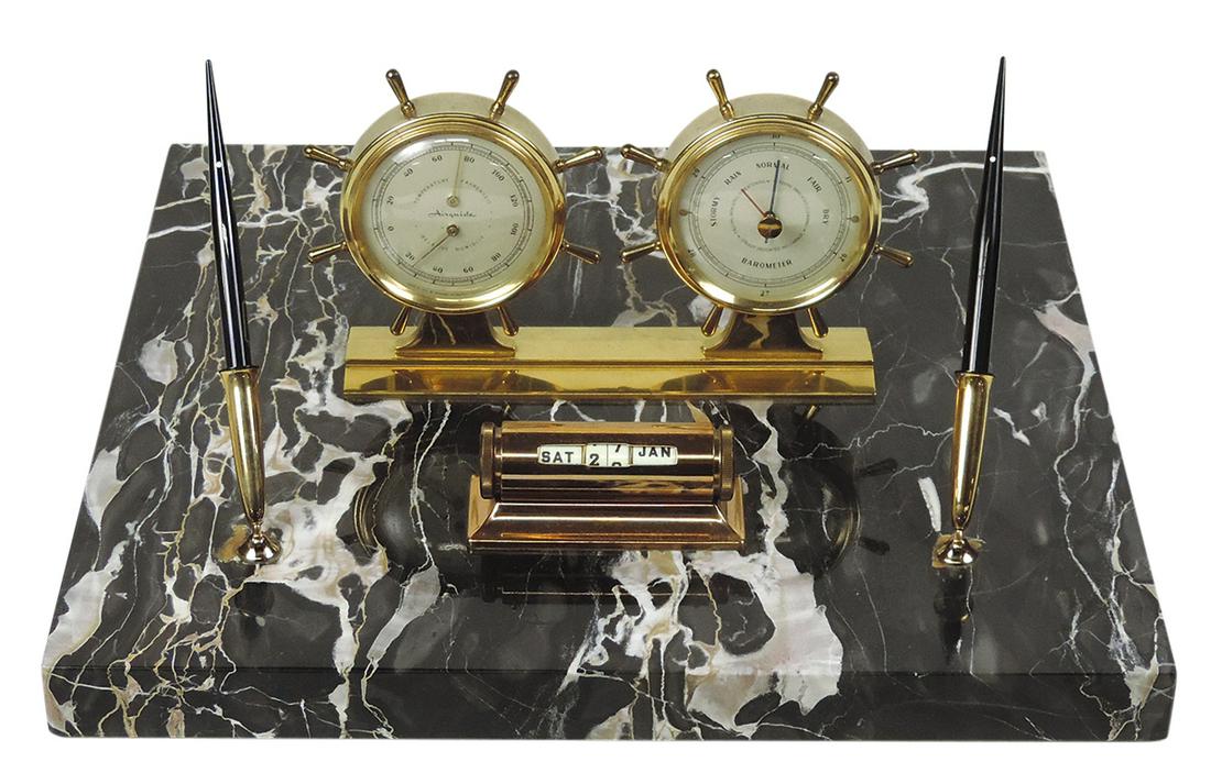Desk Pen Set, Sheaffer Executive, black Nero Portoro marble base w/brass ship's wheel temp/humidity: Desk Pen Set, Sheaffer Executive, black Nero Portoro marble base w/brass ship's wheel temp/humidity & barometer gauges, perpetual calendar, AG45 ballpoint & White Dot snorkel fountain pens, Exc cond, 