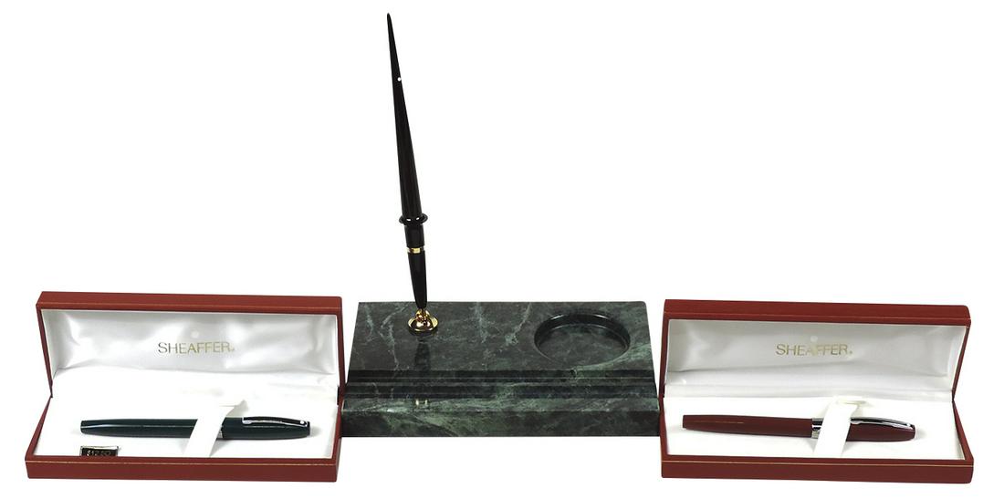 Desk Pen Sets (3), Sheaffer Prelude w/marble base & P35 fountain pen, Imperial green rollerball &: Desk Pen Sets (3), Sheaffer Prelude w/marble base & P35 fountain pen, Imperial green rollerball & Imperial red rollerball, NOS White Dots in orig boxes, largest 8"W x 10"L.