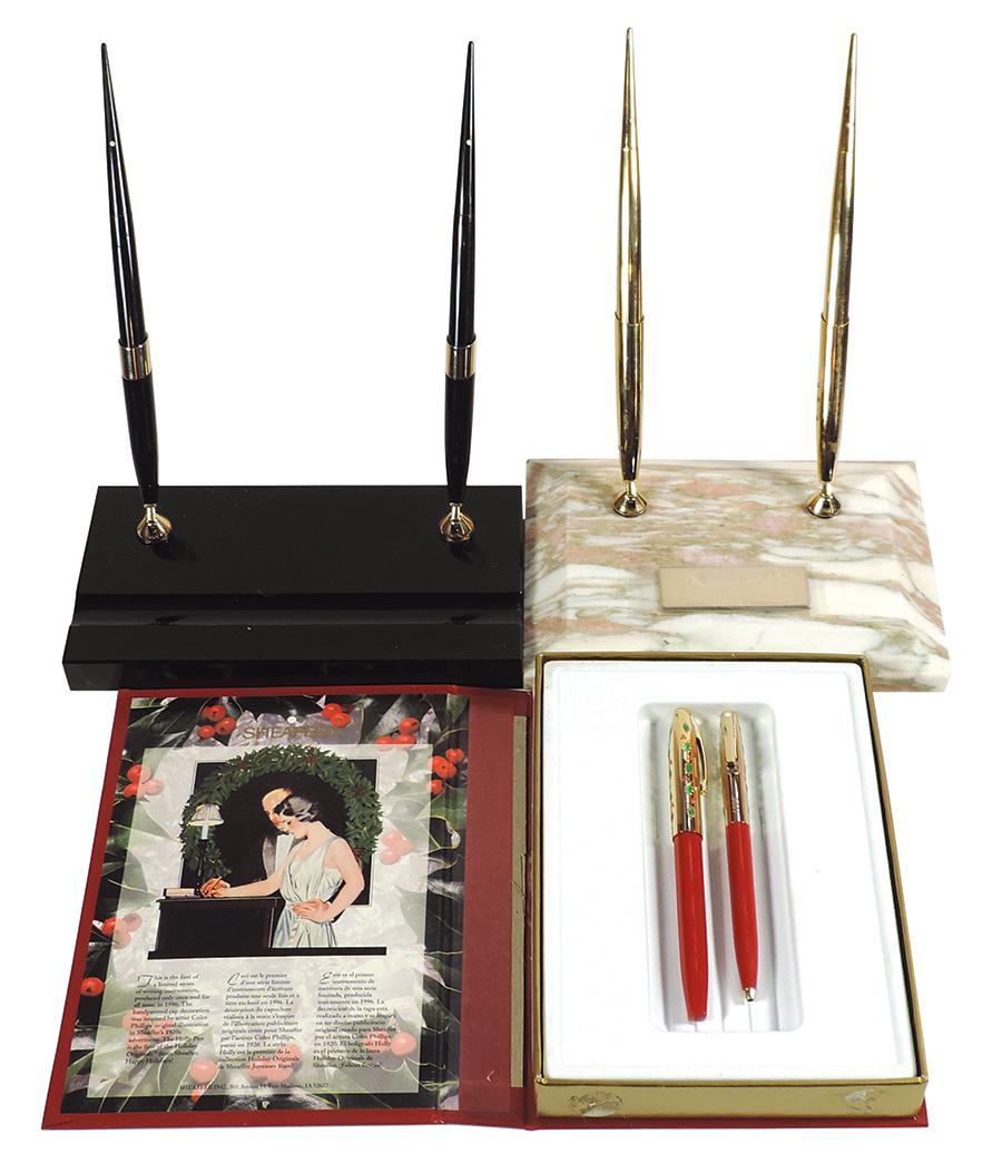 Desk Pen Sets & Holly Pens (3), Schaeffer: 1996 Holly 23K fountain & medium ballpoint set: Desk Pen Sets & Holly Pens (3), Schaeffer: 1996 Holly 23K fountain & medium ballpoint set, J14 w/2 14K fine point cartridge fountain pens & NR3G Norwegian marble base w/blank nameplate, 14K fountain &