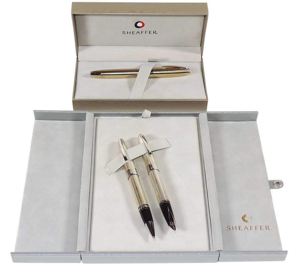 Fountain Pens, Sheaffer Legacy 2 Fountain Pen in Brushed Gold #860-0 w/18K Med Nib & Sheaffer Legacy: Fountain Pens, Sheaffer Legacy 2 Fountain Pen in Brushed Gold #860-0 w/18K Med Nib & Sheaffer Legacy Sterling Silver Fountain & Ballpoint Pen Set in Barleycorn w/18K Nib, both NOS White Dots in orig c