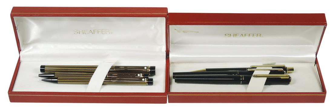 Desk Pen Sets (2), Sheaffer Targa 3-pc fountain pen, mechanical pencil & ballpoint White Dots w/gold: Desk Pen Sets (2), Sheaffer Targa 3-pc fountain pen, mechanical pencil & ballpoint White Dots w/gold striped ribs & non-White Dot Japan set w/S logo on clips, NOS in orig boxes, 7"L.