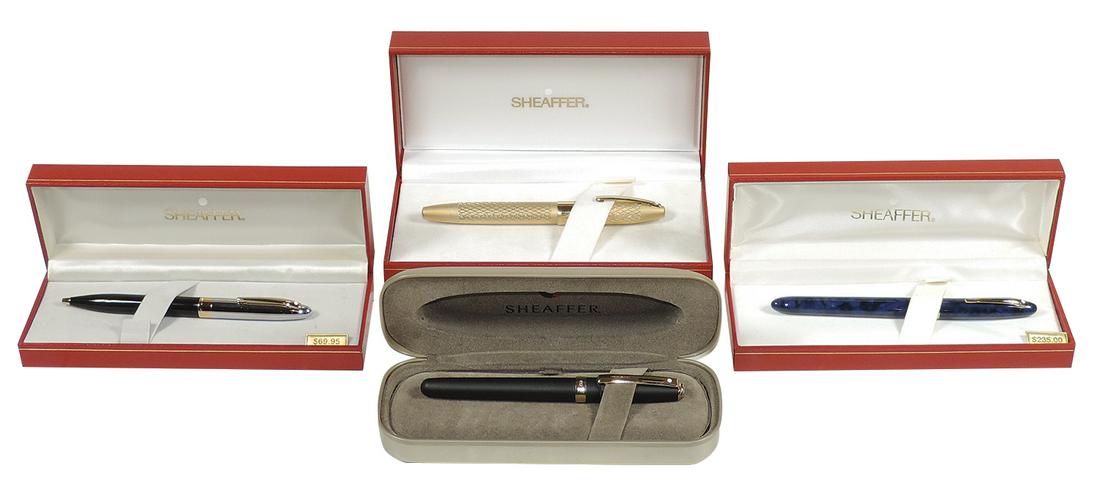 Fountain Pens, Sheaffer Crest Fountain Pen 582-0, Nova Blue w/18K Nib, Sheaffer Legacy Rollerball,: Fountain Pens, Sheaffer Crest Fountain Pen 582-0, Nova Blue w/18K Nib, Sheaffer Legacy Rollerball, brushed gold Cisek type pattern, Sheaffer Prelude Fountain Pen in Matte Black & 22K gold plate, Sheaf