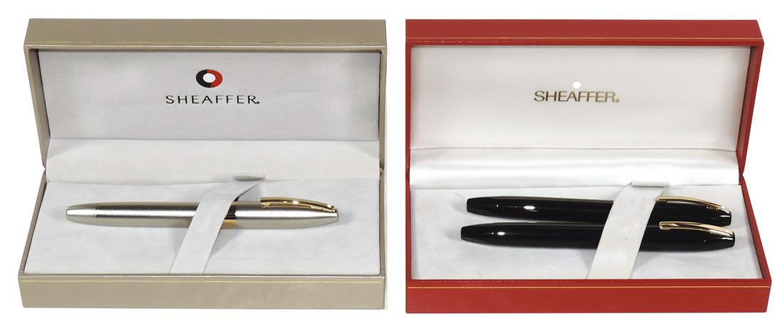 Fountain Pens, Sheaffer Legacy II, platinum, White Dot w/Med 18K Nib, #804-0, NOS in orig box &: Fountain Pens, Sheaffer Legacy II, platinum, White Dot w/Med 18K Nib, #804-0, NOS in orig box & Sheaffer Legacy I White Dot fountain & ballpoint pen set in black lacquer w/gold trim & Fine 14K Nib, NO