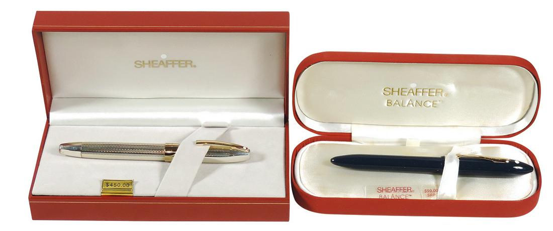 Fountain Pens, Sheaffer Legacy Sterling Silver 848-0, White Dot w/Med 18K Nib, NOS in orig box &: Fountain Pens, Sheaffer Legacy Sterling Silver 848-0, White Dot w/Med 18K Nib, NOS in orig box & Sheaffer Balance White Dot in Navy Blue, 872-0 w/Med 14K Nib, NOS in orig case.