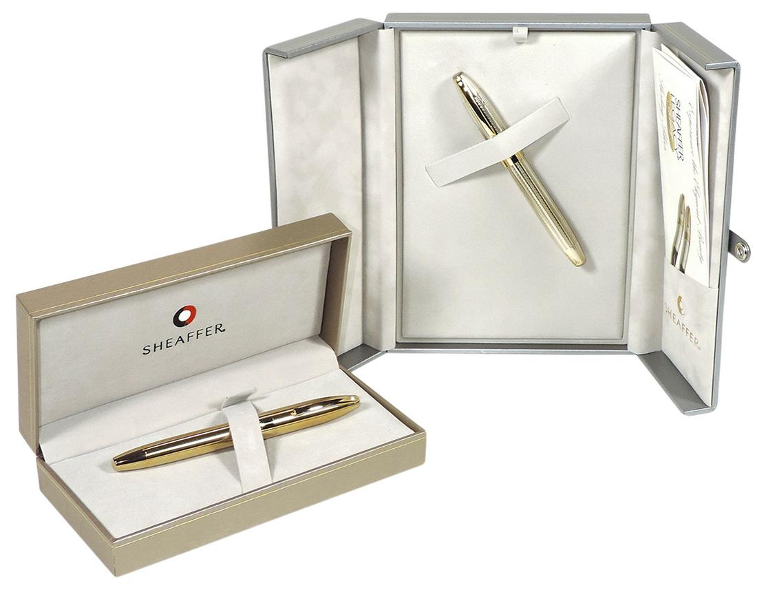 Fountain Pens, Sheaffer Legacy 2, Brushed Gold Plate w/Med 18K Nib, 860-0 & Sheaffer Legacy Sterling: Fountain Pens, Sheaffer Legacy 2, Brushed Gold Plate w/Med 18K Nib, 860-0 & Sheaffer Legacy Sterling Silver Fountain Pen in Barleycorn pattern & 18K Nib, both NOS White Dots in orig cases.