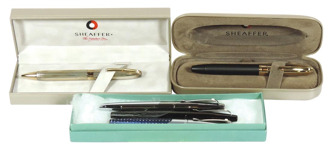 Fountain Pens, Sheaffer Legacy in Matte Black w/Palladium cap & 18K Nib w/med point, Sheaffer Legacy: Fountain Pens, Sheaffer Legacy in Matte Black w/Palladium cap & 18K Nib w/med point, Sheaffer Legacy Rollerball in Sterling marked .925 & 3 Sheaffer Intrigues in Whale Shark Blue, Palladium & 614 Blac