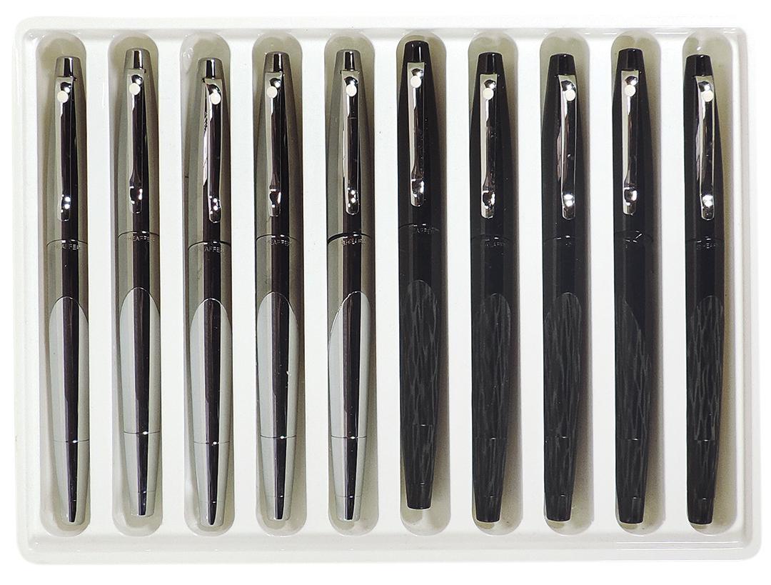 Fountain Pens (10), Sheaffer White Dot Intrigue, (5) #614 Shiny Black Cap & Stenciled Matte Black: Fountain Pens (10), Sheaffer White Dot Intrigue, (5) #614 Shiny Black Cap & Stenciled Matte Black Barrel w/14K Nib & (5) #616 Bright Chrome & Gun Metal w/14K Nib, all NOS cond.
