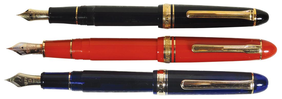 Fountain Pens (3), Japan Founded 1911 Sailor, black w/gold trim & 21 K Nib; Japan Platinum 3776 blue: Fountain Pens (3), Japan Founded 1911 Sailor, black w/gold trim & 21 K Nib; Japan Platinum 3776 blue w/gold trim & 14 K Nib plus Japan Platinum President orange/red w/gold trim & 18 K platinum Nib, al