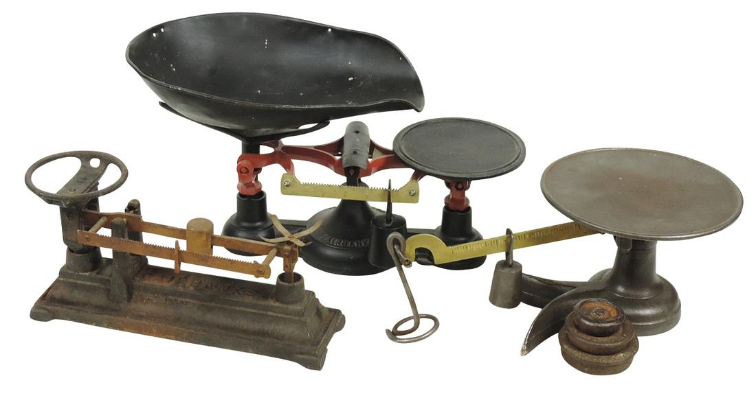 Country Store Counter Scales (3), cast iron, 2 different Fairbanks & Chicago Scale Co., Good to Exc: Country Store Counter Scales (3), cast iron, 2 different Fairbanks & Chicago Scale Co., Good to Exc cond, largest 11"L.