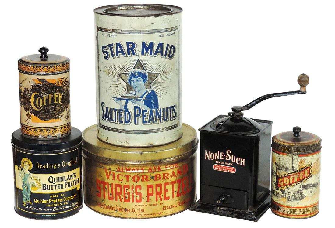 Country Store Tins & Mill (6), 10lb Star Maid Peanuts, Sturgis Pretzels, Quinlan's Butter Pretzels,: Country Store Tins & Mill (6), 10lb Star Maid Peanuts, Sturgis Pretzels, Quinlan's Butter Pretzels, 2 ornate coffee tins & None-Such pressed steel mill, Good to VG cond, largest 11"H.