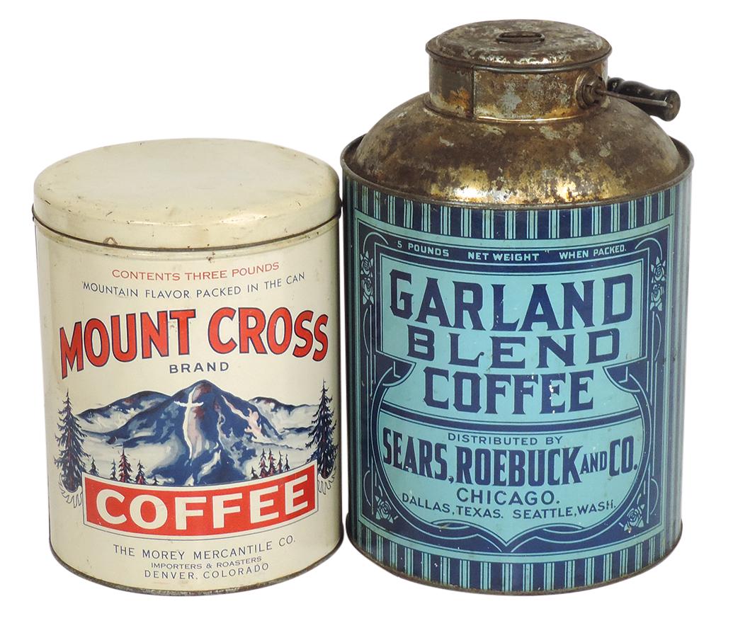 Coffee Tins (2), Garland Blend Coffee 5# pail w/orig lid & wood grip handle, Distributed by Sears,: Coffee Tins (2), Garland Blend Coffee 5# pail w/orig lid & wood grip handle, Distributed by Sears, Roebuck & Co.-Chicago & Mount Cross Coffee 3# tin w/orig lid, from the Morey Mercantile Co.-Denver, w
