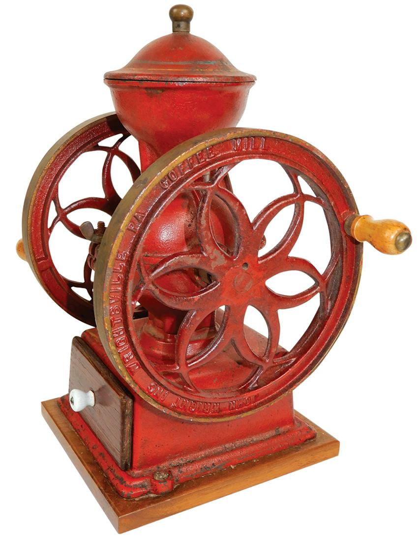 Coffee Mill, John Wright, cast iron on wood base, VG orig paint & working cond, 12.75"H.: Coffee Mill, John Wright, cast iron on wood base, VG orig paint & working cond, 12.75"H.