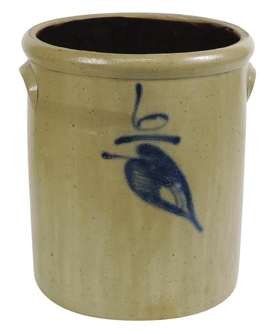 Stoneware Red Wing Crock, 6gal salt glaze w/cobalt birch leaf, Good+ cond w/chip on handle & base,: Stoneware Red Wing Crock, 6gal salt glaze w/cobalt birch leaf, Good+ cond w/chip on handle & base, 14.5"H x 12.5"Dia.