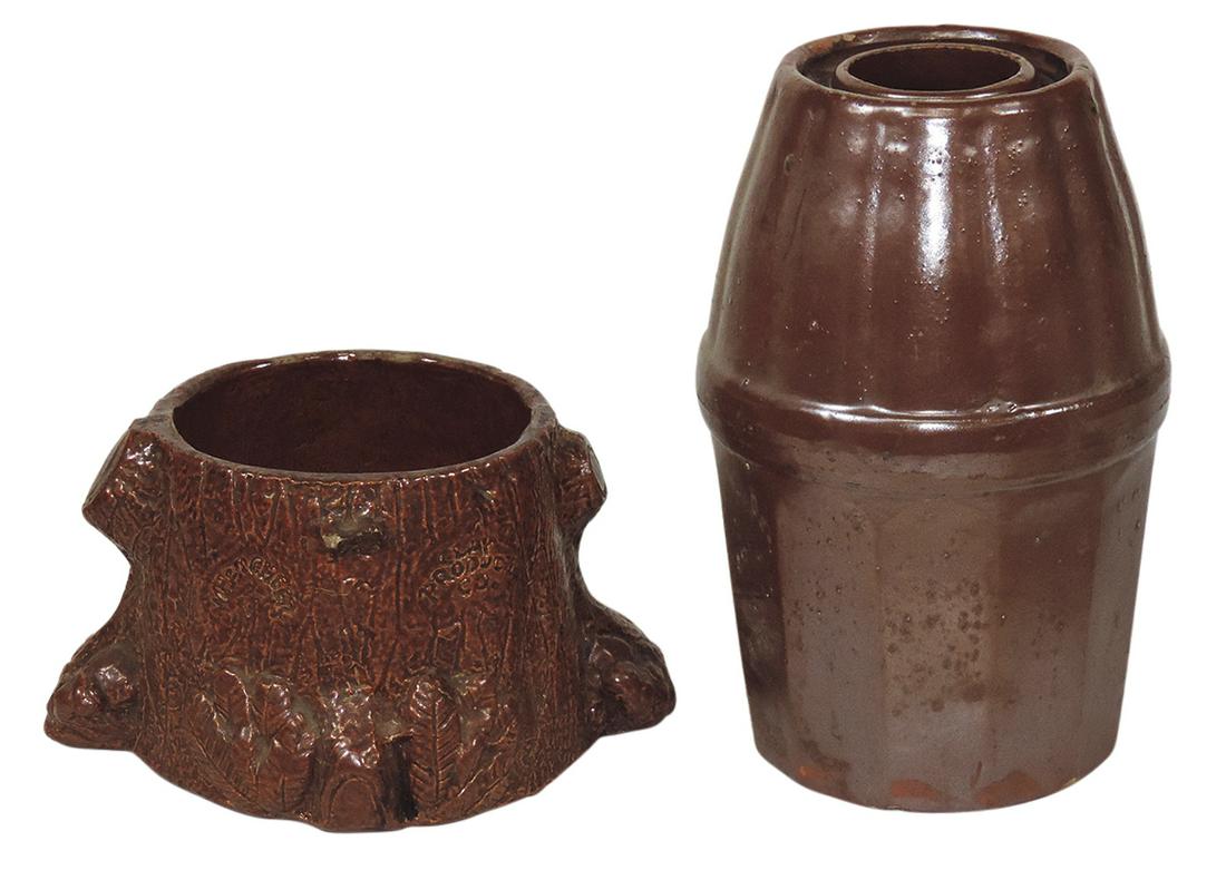 Stoneware, Iowa Pottery (2), What Cheer stump-form humidor, unmarked (missing lid) & Bonaparte,: Stoneware, Iowa Pottery (2), What Cheer stump-form humidor, unmarked (missing lid) & Bonaparte, Iowa, glazed jar w/impressed mark on base, Good+ cond, noting both w/few chips, larger 8.5"H.