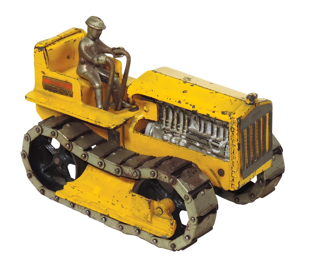 Toy Caterpillar Tractor, mfgd by Arcade, cast iron w/working metal track, orig paint &: Toy Caterpillar Tractor, mfgd by Arcade, cast iron w/working metal track, orig paint & Caterpillar-licensed decals, Good+ cond, 8"L.