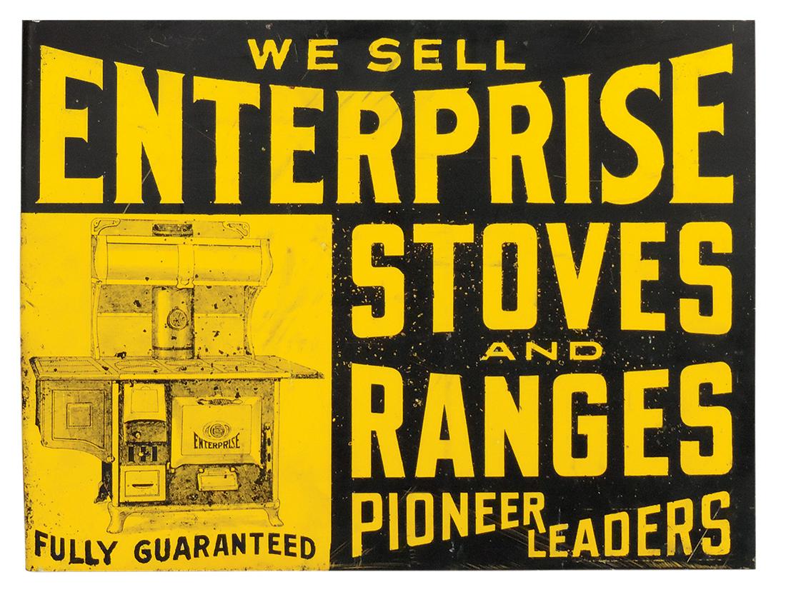Advertising Stove Flange Sign, Enterprise Stoves and Ranges-Pioneer Leaders, metal double-sided: Advertising Stove Flange Sign, Enterprise Stoves and Ranges-Pioneer Leaders, metal double-sided flange w/cook stove graphic, VG+ cond, 14"H x 18"W.