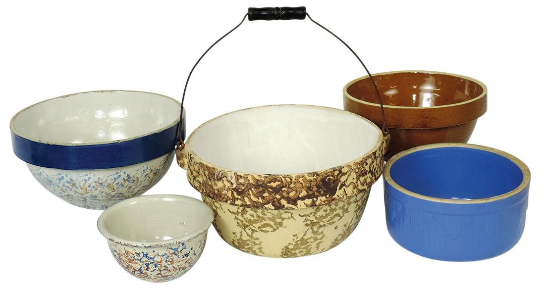 Stoneware Bowls (5), 3 sponge decorated, incl small Red Wing & bail-handled "Pure Foods Cooking: Stoneware Bowls (5), 3 sponge decorated, incl small Red Wing & bail-handled "Pure Foods Cooking Ware", Exc cond, largest 10"Dia.