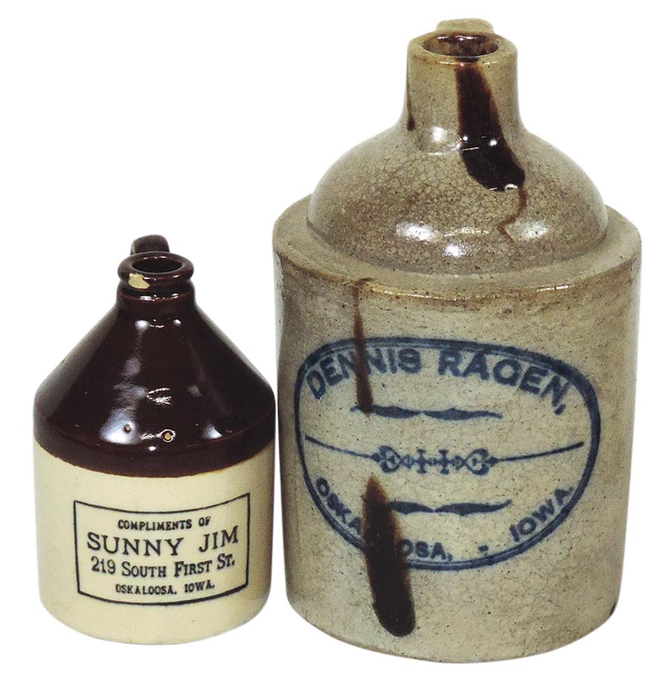 Stoneware Whiskey Jugs (2), Dennis Ragen salt glaze w/turkey drops & Compliments of Sunny Jim, both: Stoneware Whiskey Jugs (2), Dennis Ragen salt glaze w/turkey drops & Compliments of Sunny Jim, both Oskaloosa, Iowa, VG cond, noting small rim chip on latter, larger 7.5"H.