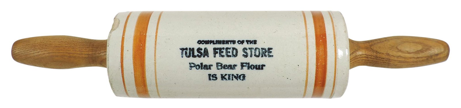Stoneware Advertising Rolling Pin, Compliments of Tulsa Feed Store-Polar Bear Flour Is King, orange: Stoneware Advertising Rolling Pin, Compliments of Tulsa Feed Store-Polar Bear Flour Is King, orange bands w/wood handles, VG cond w/shallow thumbnail chip at left edge & tiny flake at right edge, 15.5