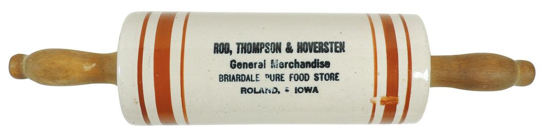 Stoneware Advertising Rolling Pin, Rod, Thompson & Hoversten General Merchandise-Briardale Pure Food: Stoneware Advertising Rolling Pin, Rod, Thompson & Hoversten General Merchandise-Briardale Pure Food Store-Roland, Iowa, orange bands & wood handles, Exc cond w/tiny RH edge flake, 14.5"L.
