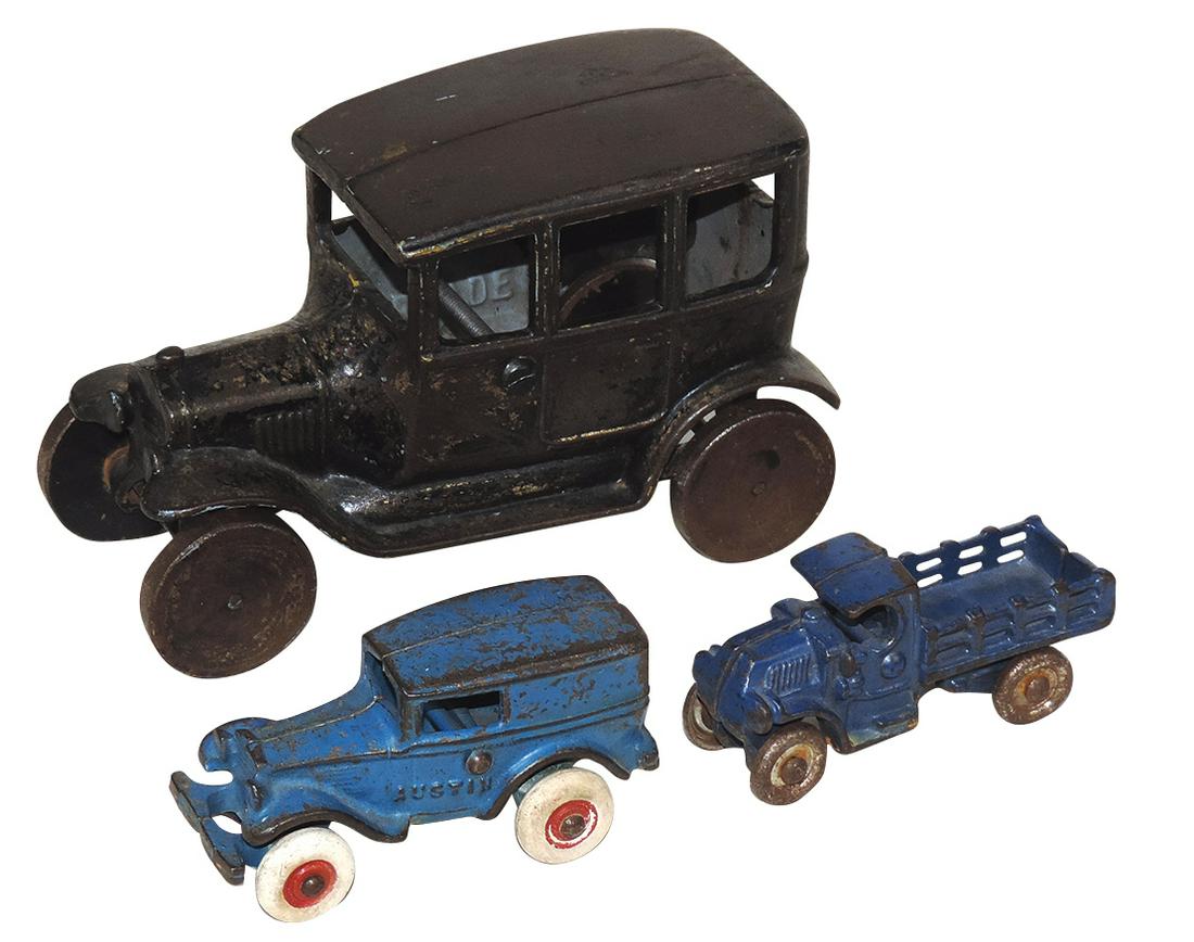 Toy Cars (3), Arcade Model T sedan w/replaced wheels, AC Williams Austin sedan & stake bed truck,: Toy Cars (3), Arcade Model T sedan w/replaced wheels, AC Williams Austin sedan & stake bed truck, all cast iron, Good to VG cond, largest 6.5"L.