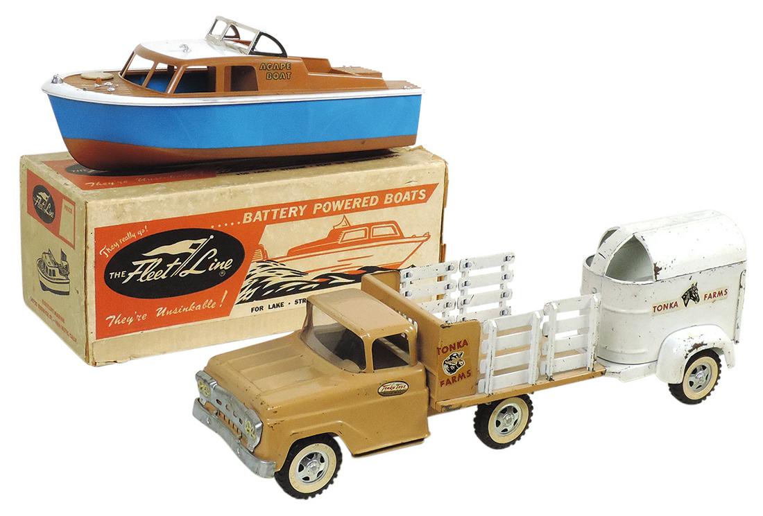 Toy Truck & Boat (2), Tonka Farms pressed steel pick-up w/horse trailer & Fleetline plastic cabin: Toy Truck & Boat (2), Tonka Farms pressed steel pick-up w/horse trailer & Fleetline plastic cabin cruiser in box, truck missing tailgate & boat missing motor, o/wise VG cond, larger 17"L.