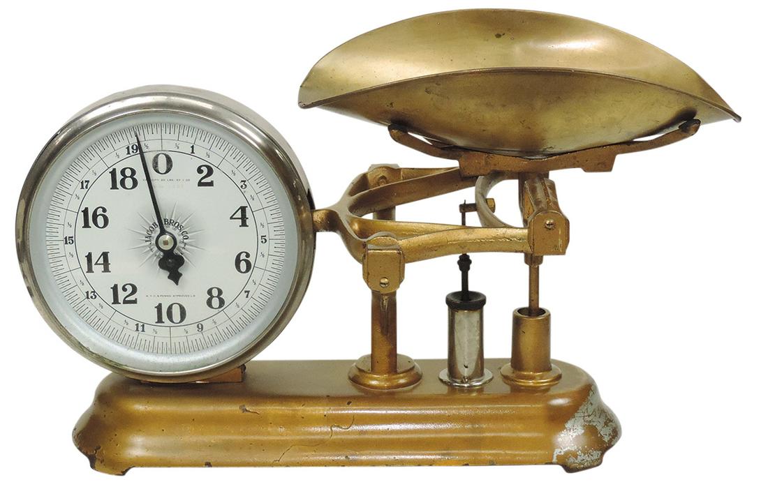 Country Store Counter Scale, cast iron w/later gold finish, mfgd by Jacob Bros, 20lb double dial,: Country Store Counter Scale, cast iron w/later gold finish, mfgd by Jacob Bros, 20lb double dial, c.1900, Good+ working cond w/wear, 13.5"H x 24"W.