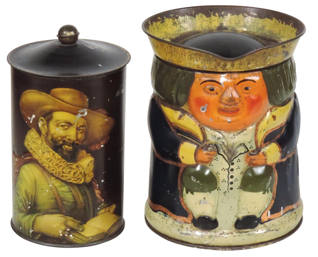Country Store Biscuit Tins (2), embossed litho handled Toby-style for Huntley & Palmers Biscuits &: Country Store Biscuit Tins (2), embossed litho handled Toby-style for Huntley & Palmers Biscuits & unmarked w/Renaissance portraits, VG cond w/some wear & scrapes, larger 6.5"H.