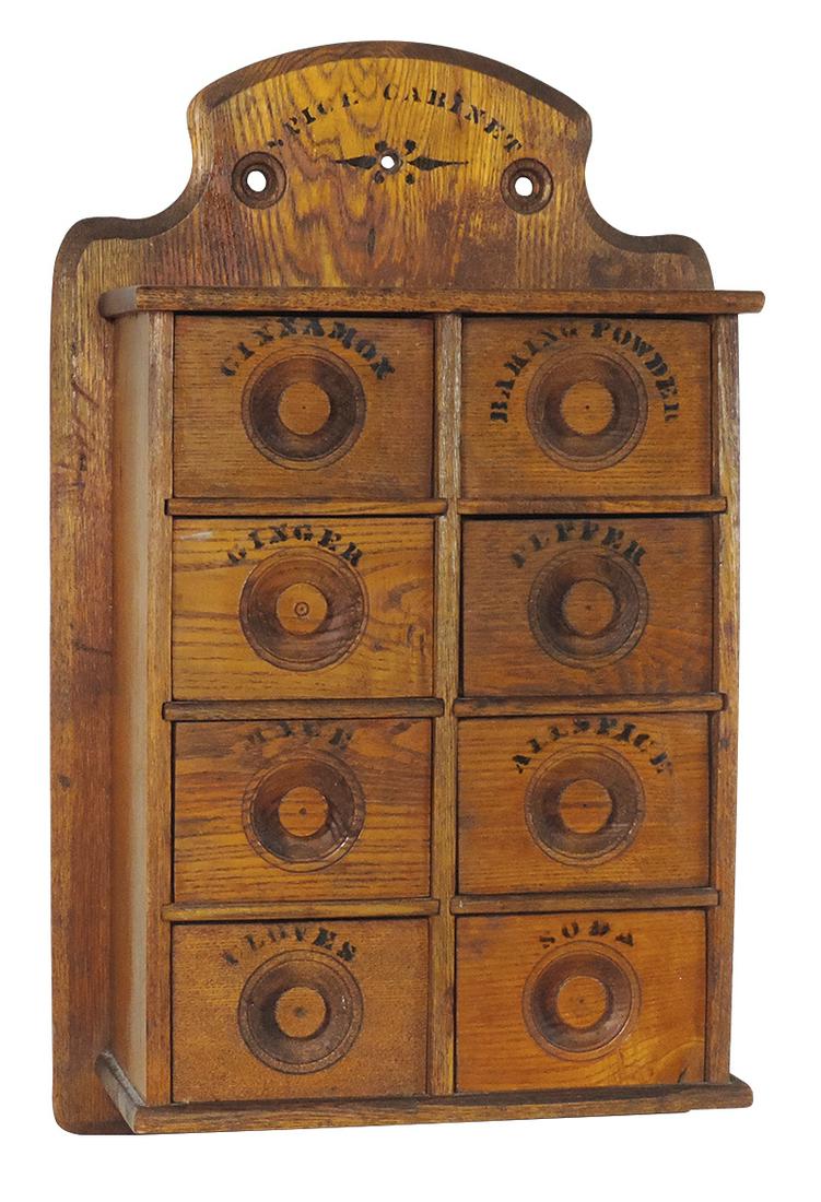 Country Store Spice Cabinet, ash 8-drawer wall-hung w/stenciled titles, VG orig cond & finish, 17"H.: Country Store Spice Cabinet, ash 8-drawer wall-hung w/stenciled titles, VG orig cond & finish, 17"H.