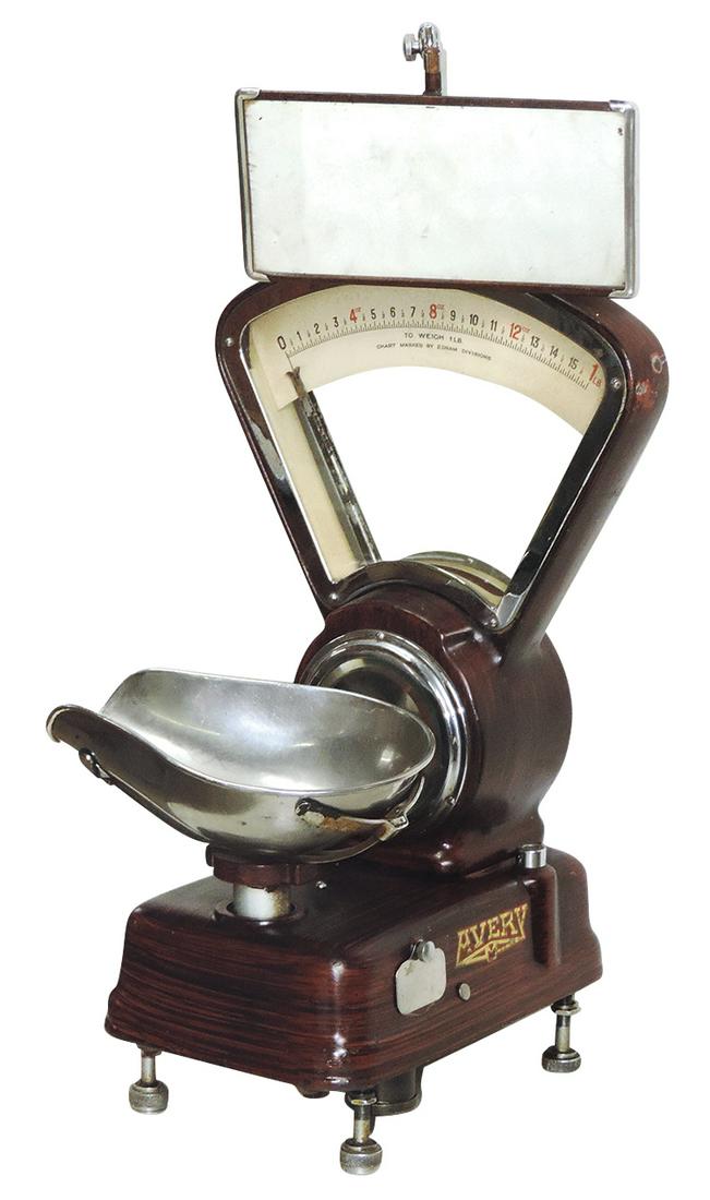 Candy Store Scale, cast iron Avery 1lb w/wood-grained finish, etched beveled mirror name plates &: Candy Store Scale, cast iron Avery 1lb w/wood-grained finish, etched beveled mirror name plates & adjustable honesty mirror, VG+ working cond w/orig finish, 26"H x 13"W x 12"D.