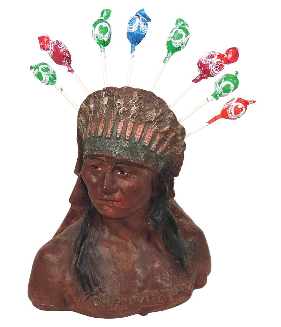 Candy Store Countertop Display, Chief Watta Pop sucker holder, painted chalkware, c.1940, Exc cond: Candy Store Countertop Display, Chief Watta Pop sucker holder, painted chalkware, c.1940, Exc cond w/some possible color touch-ups, 9.5"H.