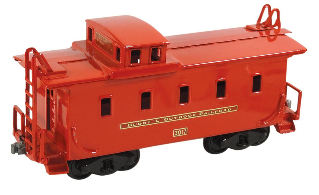 Toy Buddy L Outdoor Railroad Caboose #3017, pressed steel, VG Restored cond w/some paint scratches &: Toy Buddy L Outdoor Railroad Caboose #3017, pressed steel, VG Restored cond w/some paint scratches & scuff to 1 decal, 19"L.