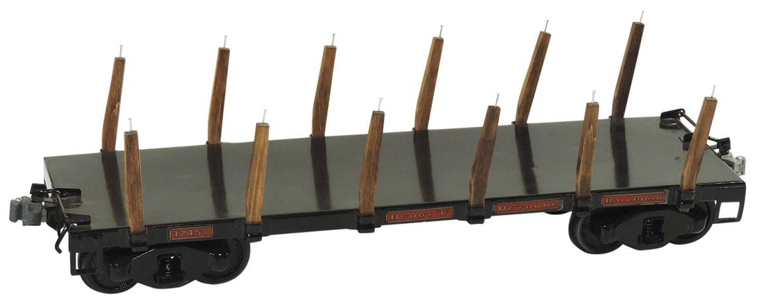 Toy Buddy L Outdoor Railroad Flat Bed Stake Car #12457, pressed steel complete w/12 wooden stakes,: Toy Buddy L Outdoor Railroad Flat Bed Stake Car #12457, pressed steel complete w/12 wooden stakes, beautifully Restored, Exc cond, 22.5"L.