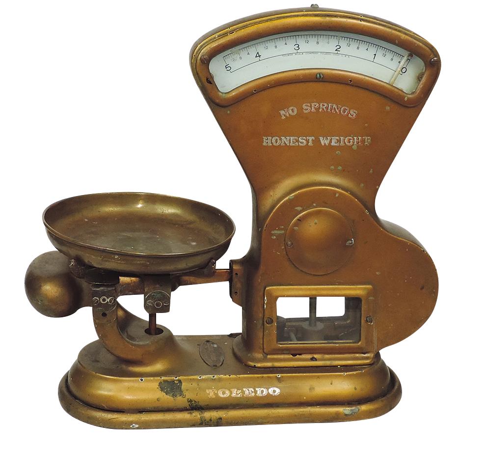 Country Store Counter Scale, Toledo 5lb Honest Weight w/fan-shape dial, orig gilt finish in Good+: Country Store Counter Scale, Toledo 5lb Honest Weight w/fan-shape dial, orig gilt finish in Good+ working cond, 19.5"H.