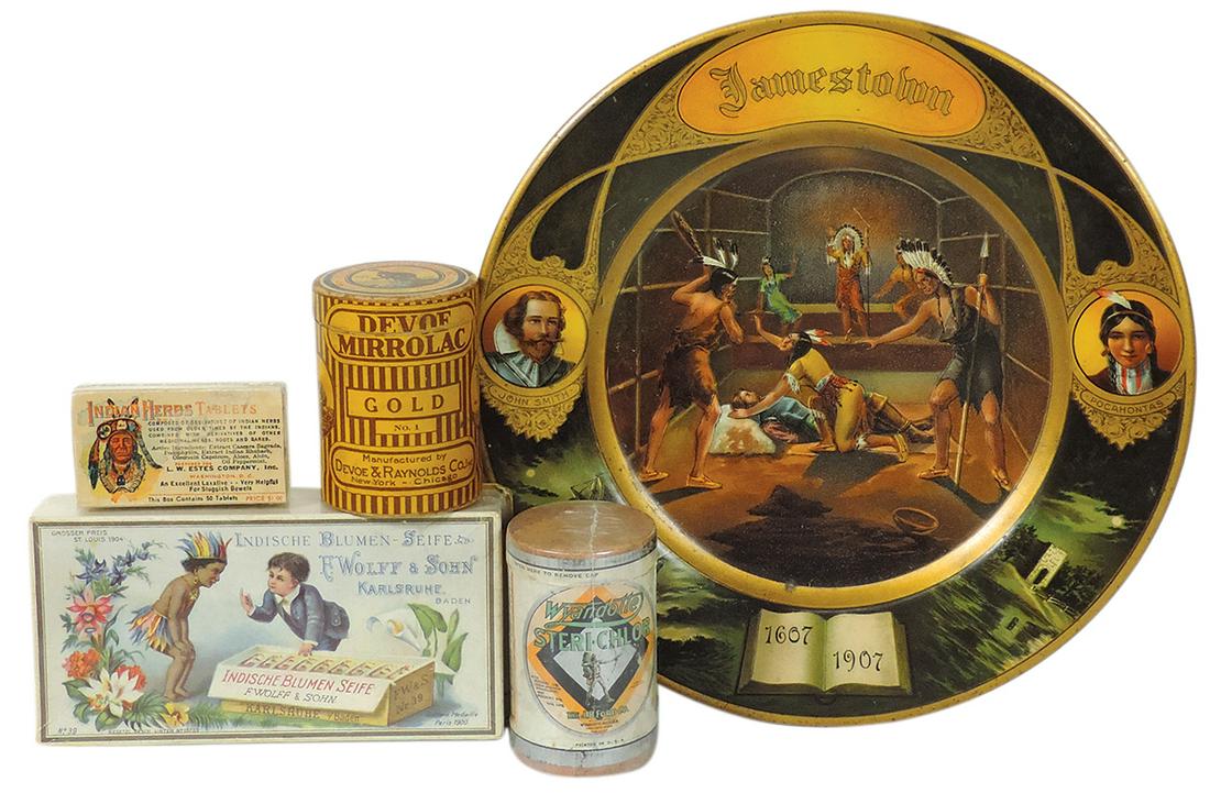 Country Store Native American Theme Products (5), 1907 Jamestown Vienna Art litho on tin tray,: Country Store Native American Theme Products (5), 1907 Jamestown Vienna Art litho on tin tray, Indian Flower Soap box, Indian Herbs Tablets box, Wyandotte Steri-Chlor & can of Devoe Mirrolac gold pain
