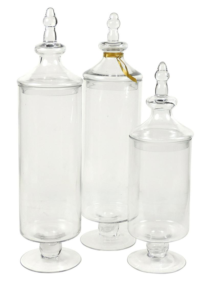 Candy Store Show Jars (3), blown glass cylinders on pedestal base w/large knopped finial covers in 2: Candy Store Show Jars (3), blown glass cylinders on pedestal base w/large knopped finial covers in 2 sizes, Exc cond, largest 24"H.